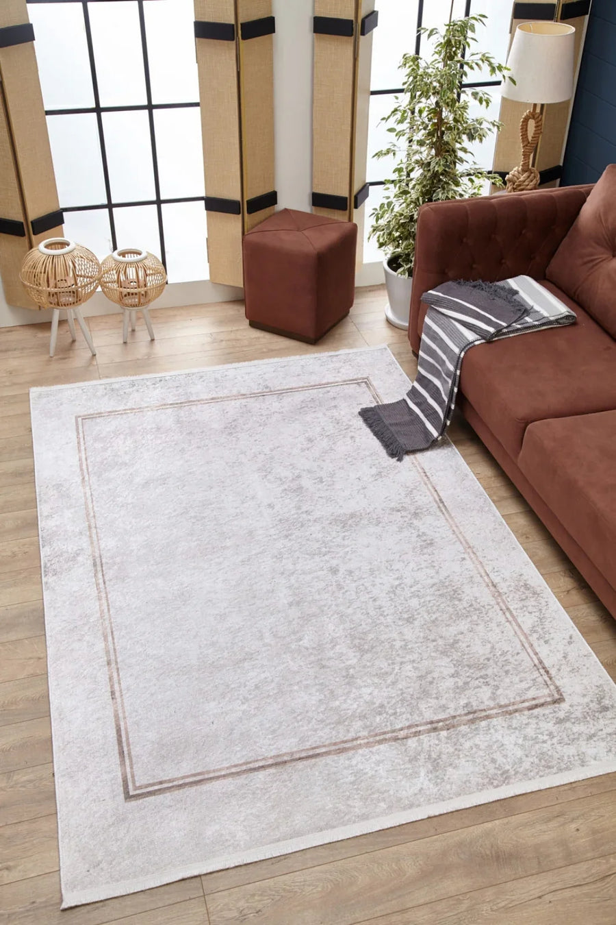 Bej Krem Eskitme Modern Halı - Yıkanabilir - Kaymaz Taban - Pati Dostu