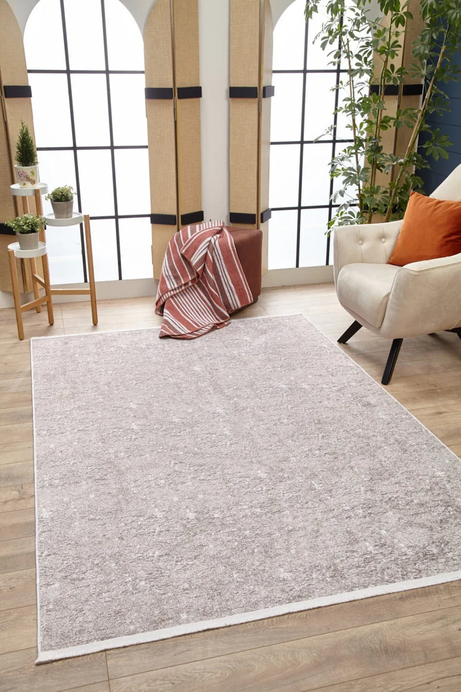 Bej Krem Dokulu Minimalist Halı - Yıkanabilir - Kaymaz Taban - Pati Dostu