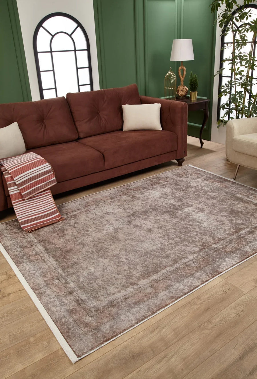 Krem Bordürlü Minimalist Halı - Yıkanabilir - Kaymaz Taban - Pati Dostu