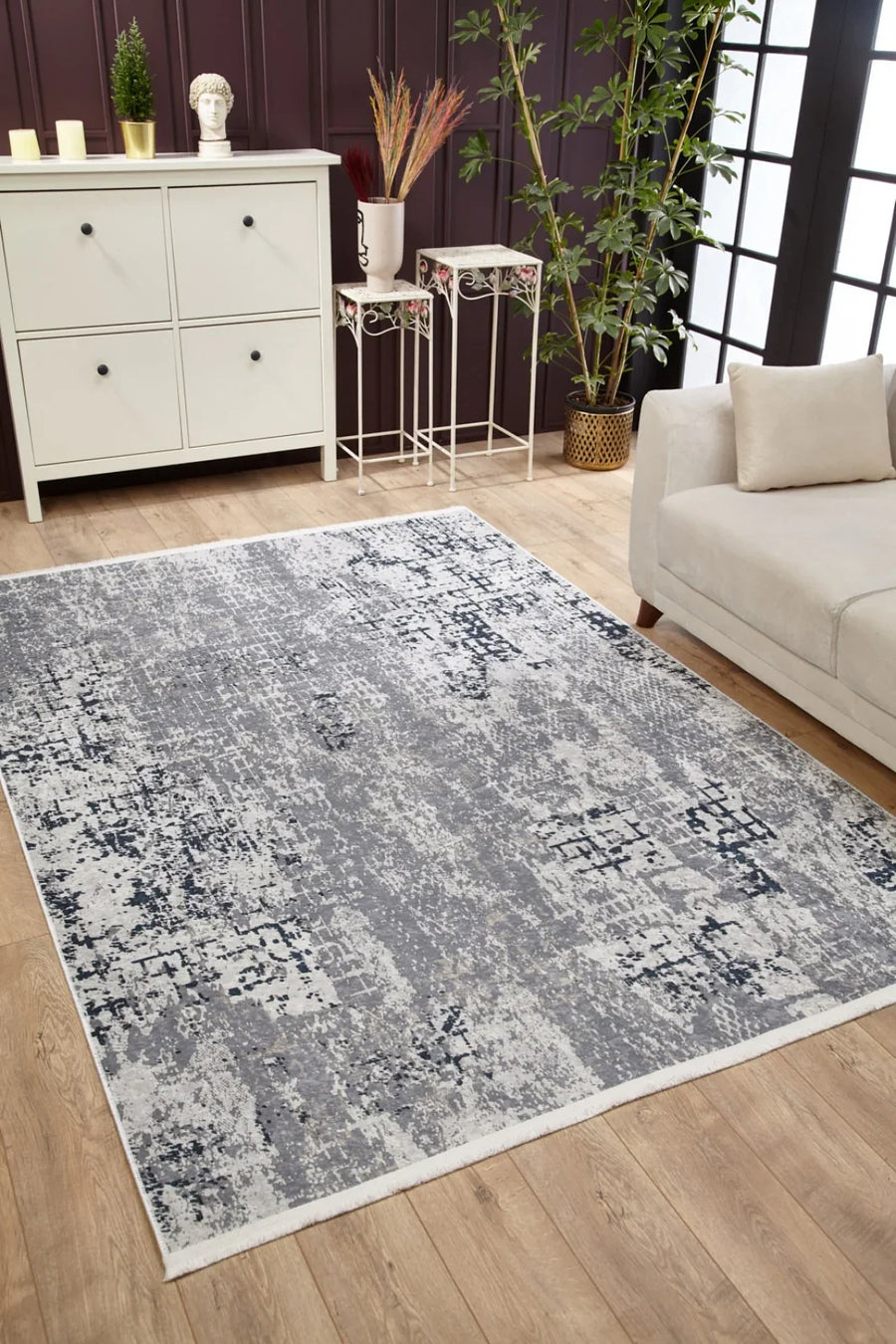 Gri Dokulu Minimalist Halı - Yıkanabilir - Kaymaz Taban - Pati Dostu
