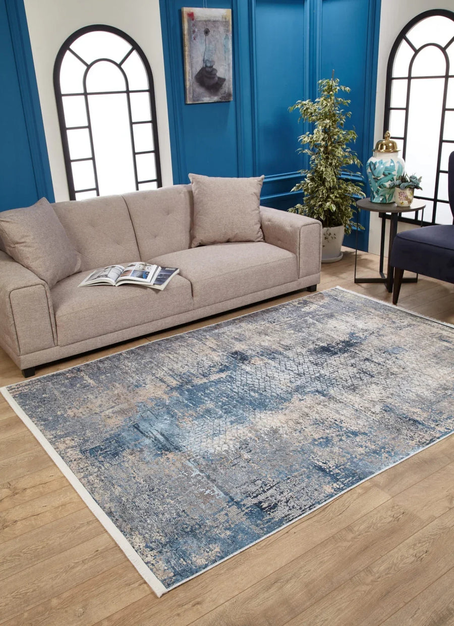 Mavi Dokulu Minimalist Halı - Yıkanabilir - Kaymaz Taban - Pati Dostu
