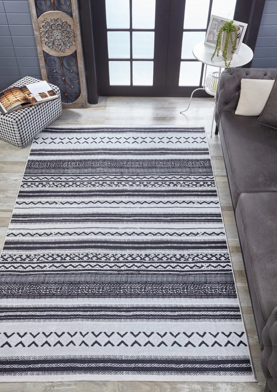 Antrasit Gri Geometrik Minimalist Halı - Yıkanabilir - Kaymaz Taban - Pati Dostu