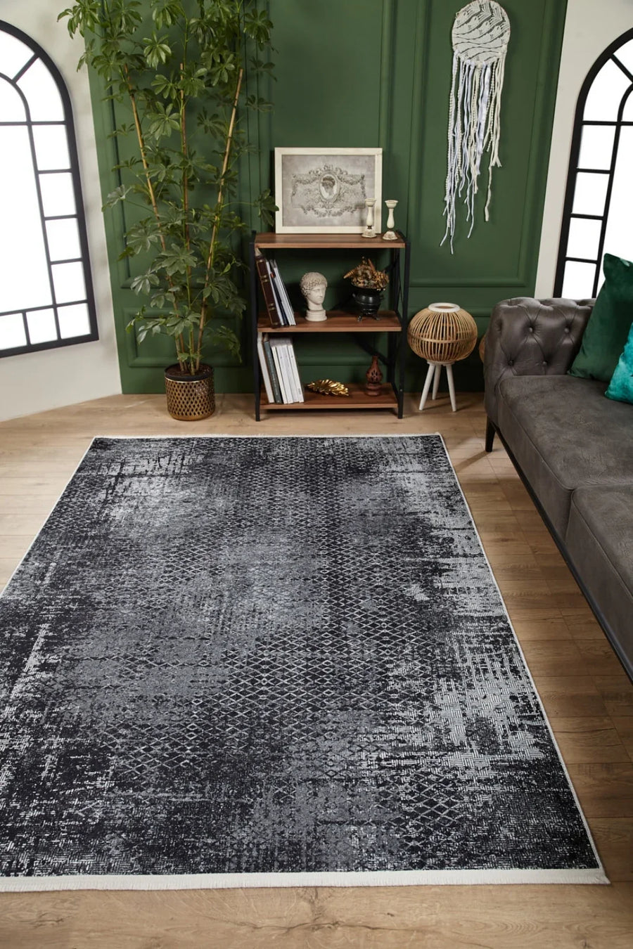 Antrasit Gri Eskitme Modern Halı - Yıkanabilir - Kaymaz Taban - Pati Dostu