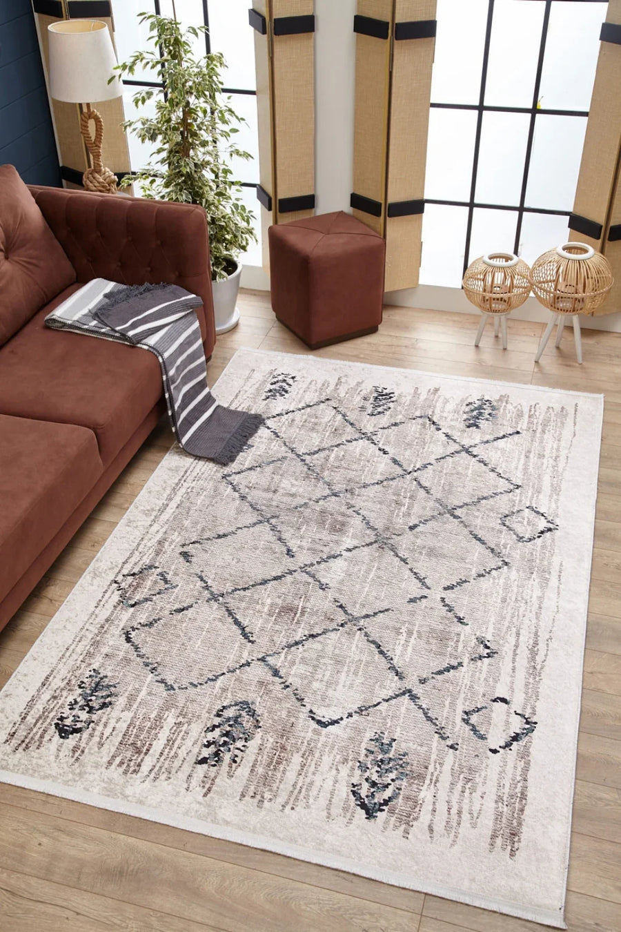 Bej Krem Geometrik Minimalist Halı - Yıkanabilir - Kaymaz Taban - Pati Dostu