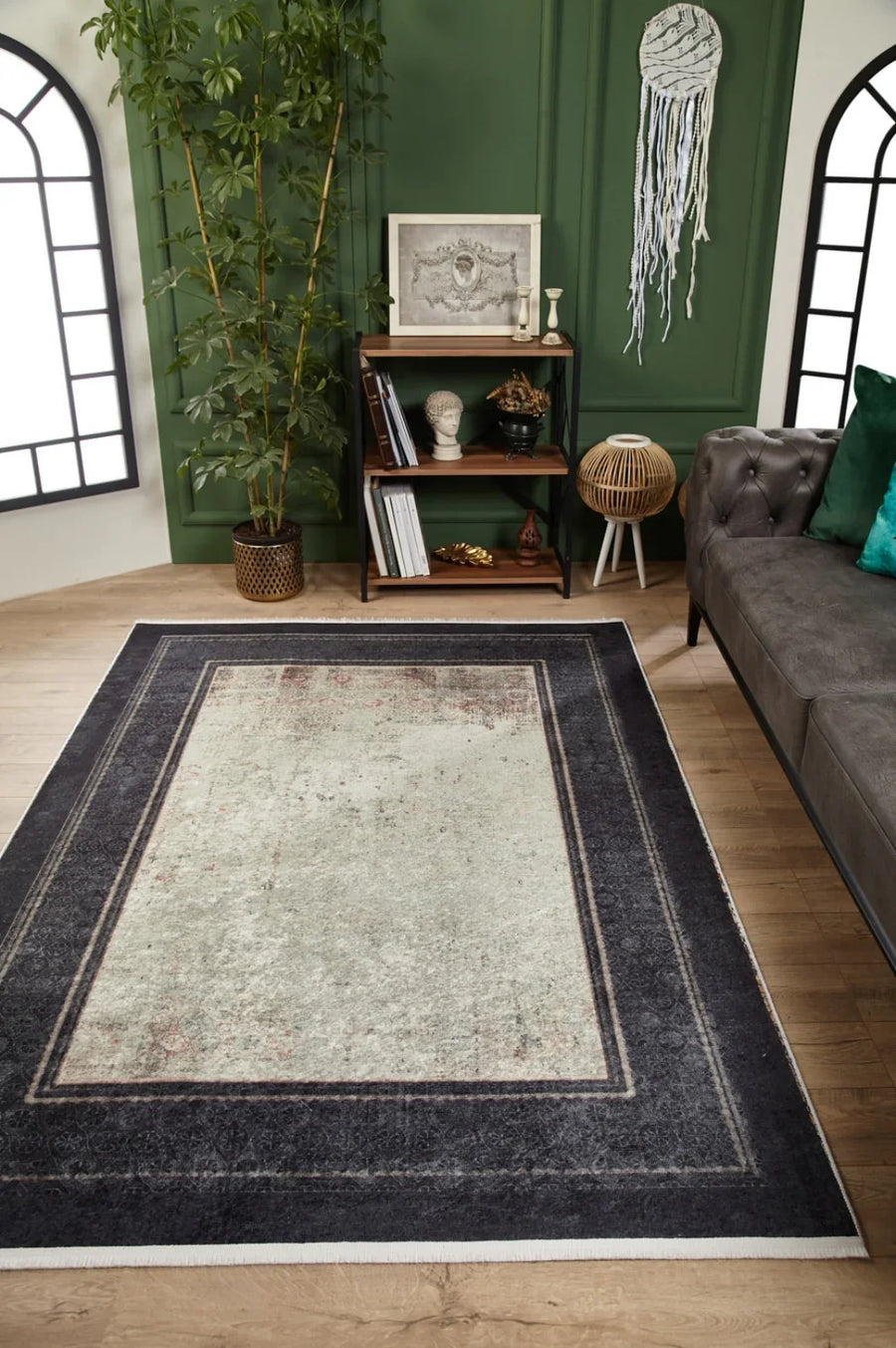 Gri Siyah Bordürlü Minimalist Halı - Yıkanabilir - Kaymaz Taban - Pati Dostu