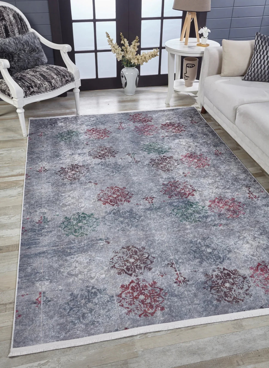 Gri Mavi Eskitme Modern Halı - Yıkanabilir - Kaymaz Taban - Pati Dostu