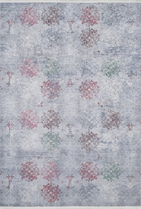 Gri Mavi Eskitme Modern Halı - Yıkanabilir - Kaymaz Taban - Pati Dostu