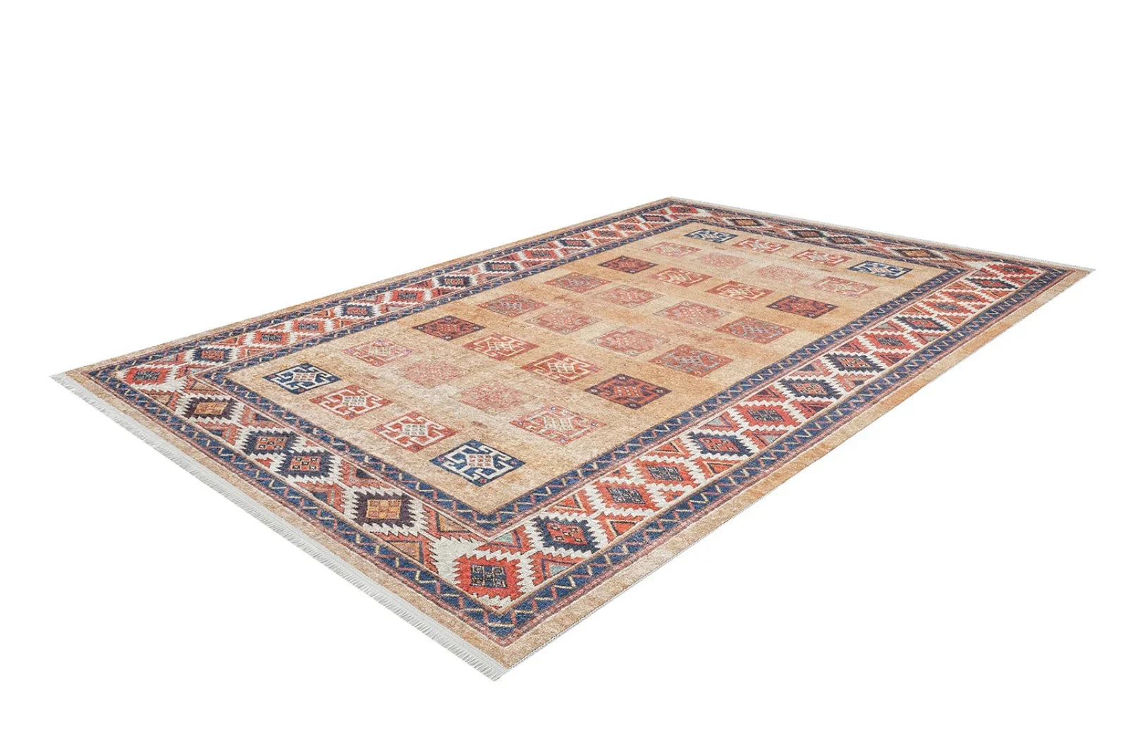Geometrik Kareli Halı - Yıkanabilir - Kaymaz Taban - Pati Dostu