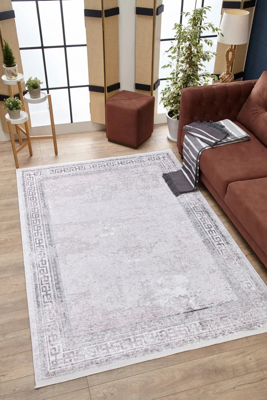 Beyaz Gri Bordürlü Modern Halı - Yıkanabilir - Kaymaz Taban - Pati Dostu