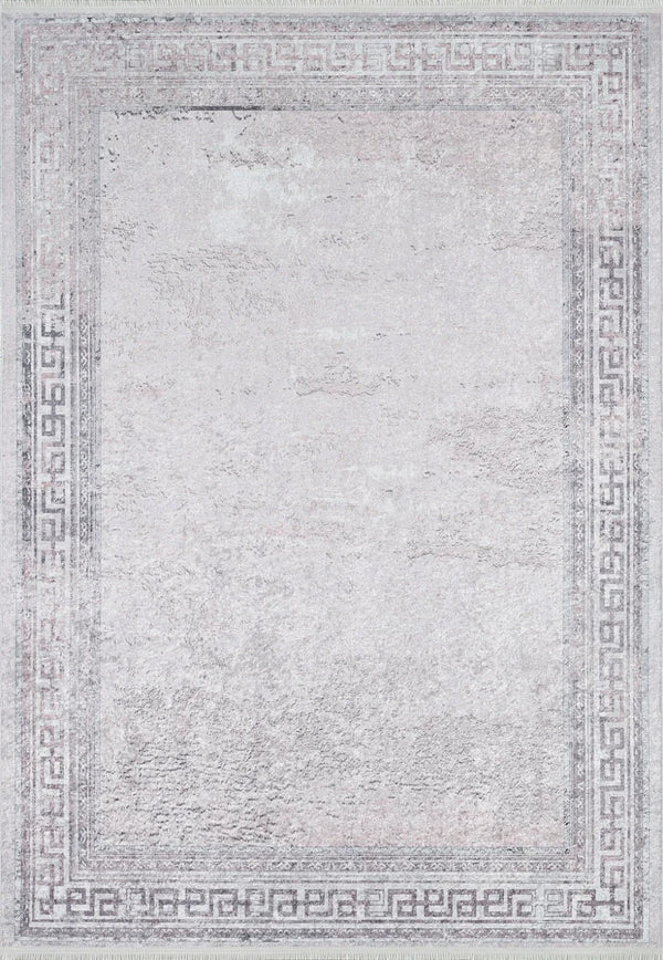 Beyaz Gri Bordürlü Modern Halı - Yıkanabilir - Kaymaz Taban - Pati Dostu