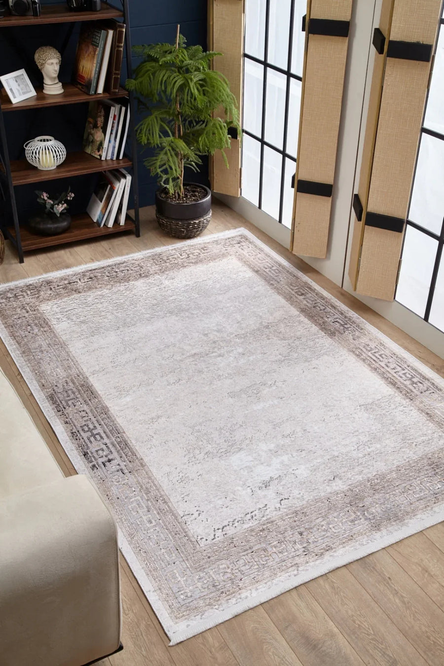 Bej Krem Bordürlü Modern Halı - Yıkanabilir - Kaymaz Taban - Pati Dostu