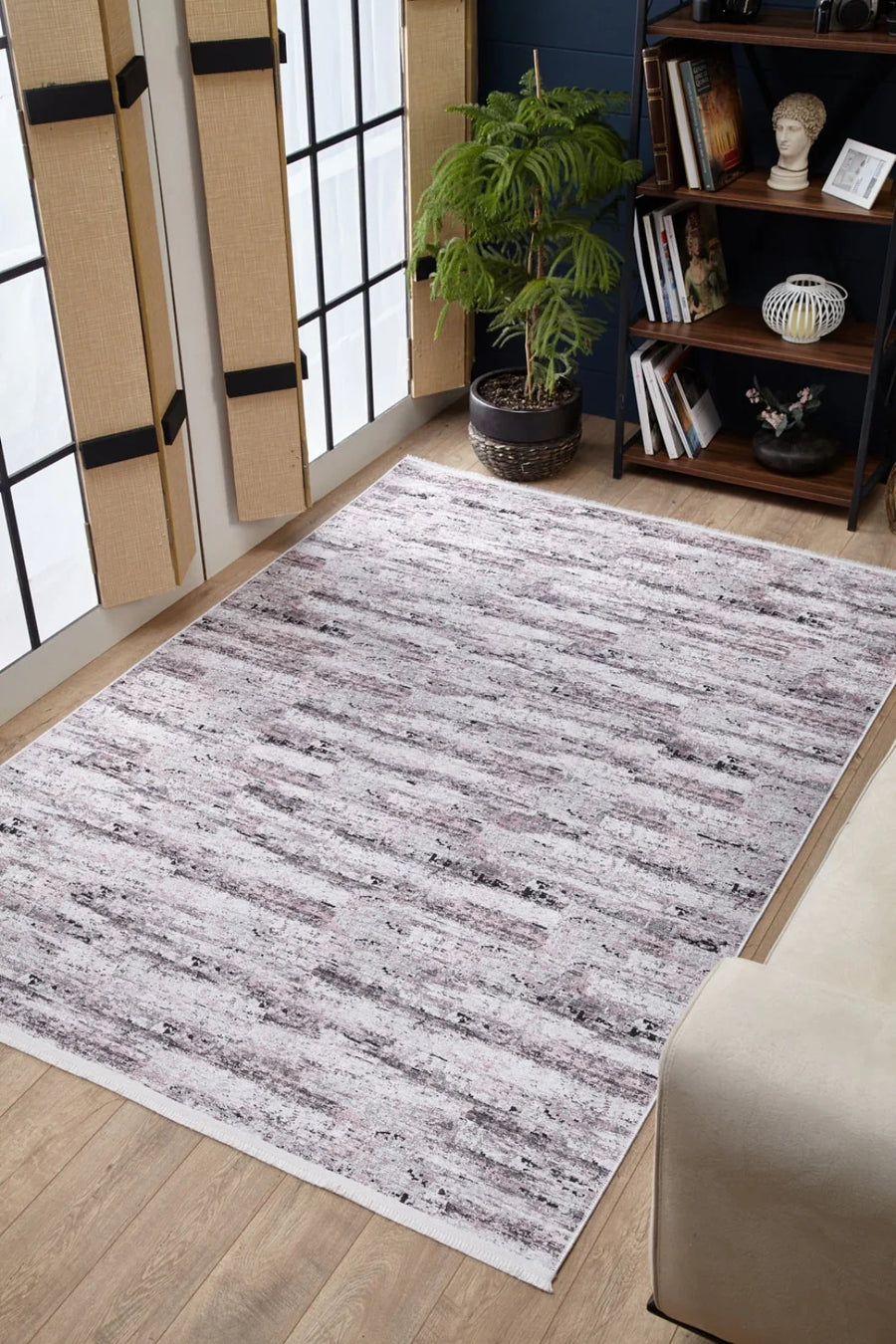 Beyaz Gri Dokulu Modern Halı - Yıkanabilir - Kaymaz Taban - Pati Dostu