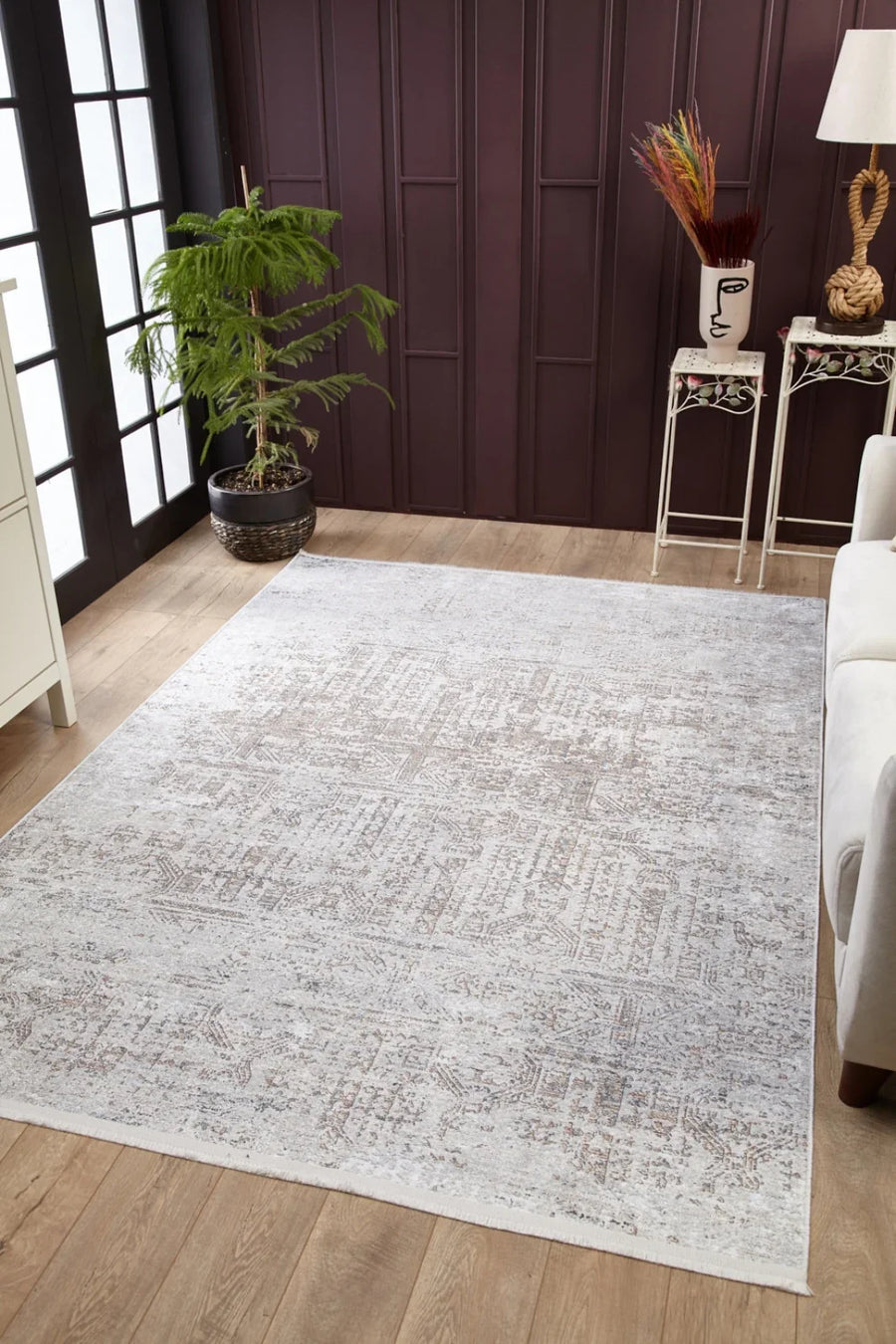 Bej Dokulu Minimalist Halı - Yıkanabilir - Kaymaz Taban - Pati Dostu