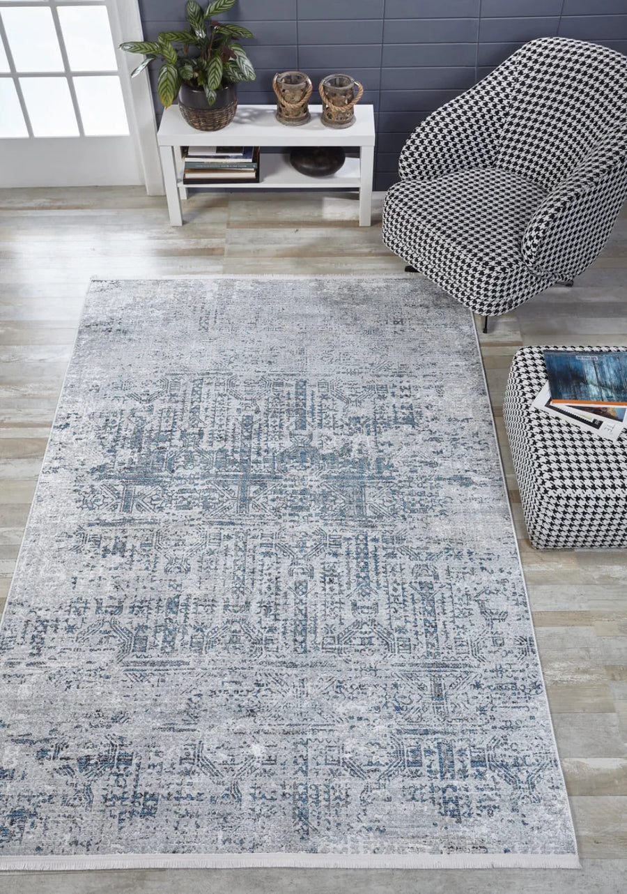 Gri Mavi Dokulu Modern Halı - Yıkanabilir - Kaymaz Taban - Pati Dostu
