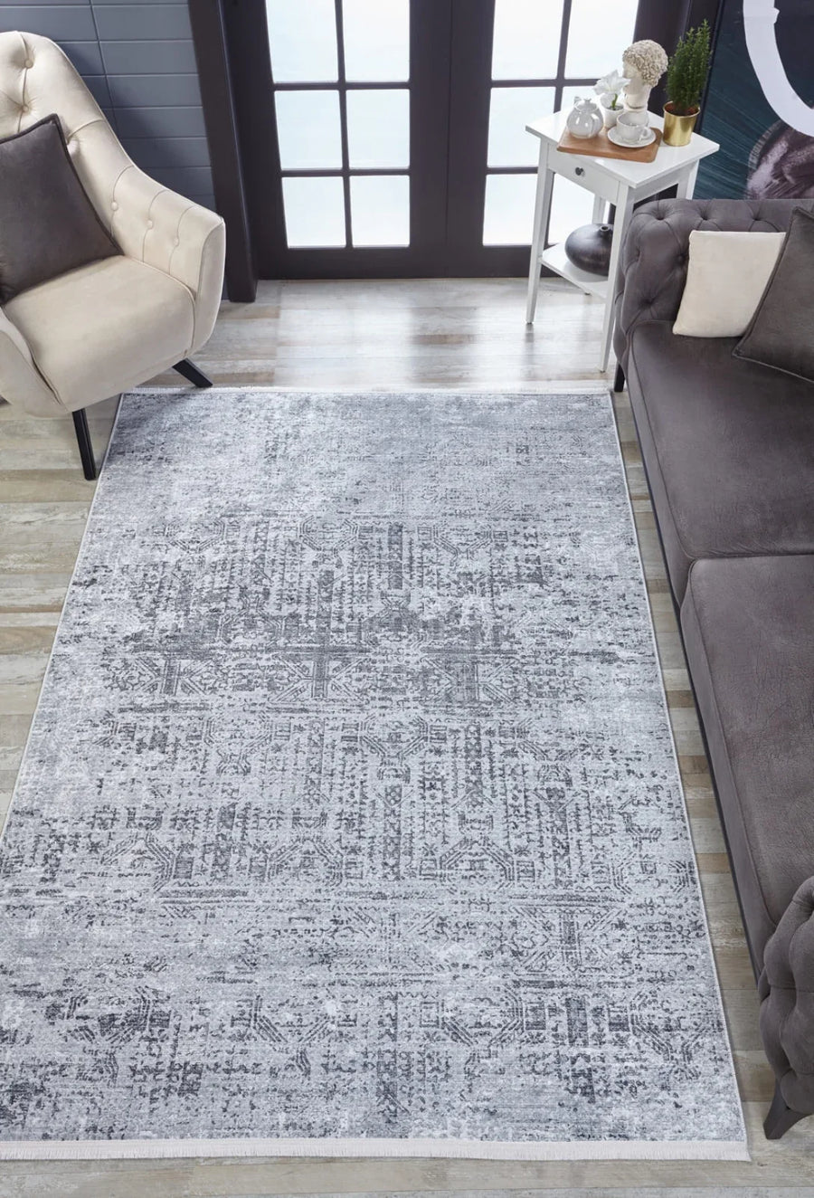 Gri Dokulu Minimalist Halı - Yıkanabilir - Kaymaz Taban - Pati Dostu