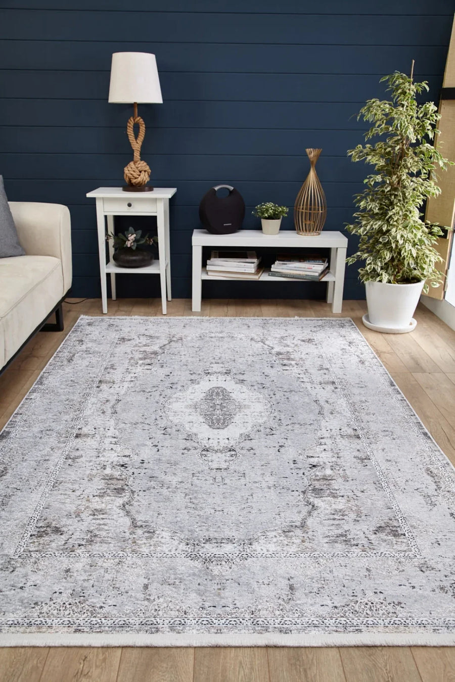 Beyaz Gri Klasik Minimalist Halı - Yıkanabilir - Kaymaz Taban - Pati Dostu