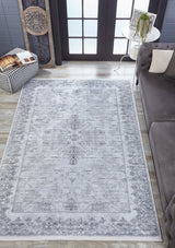 Light Grey Dark Grey Distressed Medallion Living Room Rug - Polyester