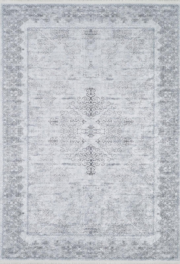 Beyaz Gri Klasik Modern Halı - Yıkanabilir - Kaymaz Taban - Pati Dostu