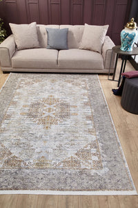 Tapis imprimé numériquement gris et beige, motif classique à médaillons