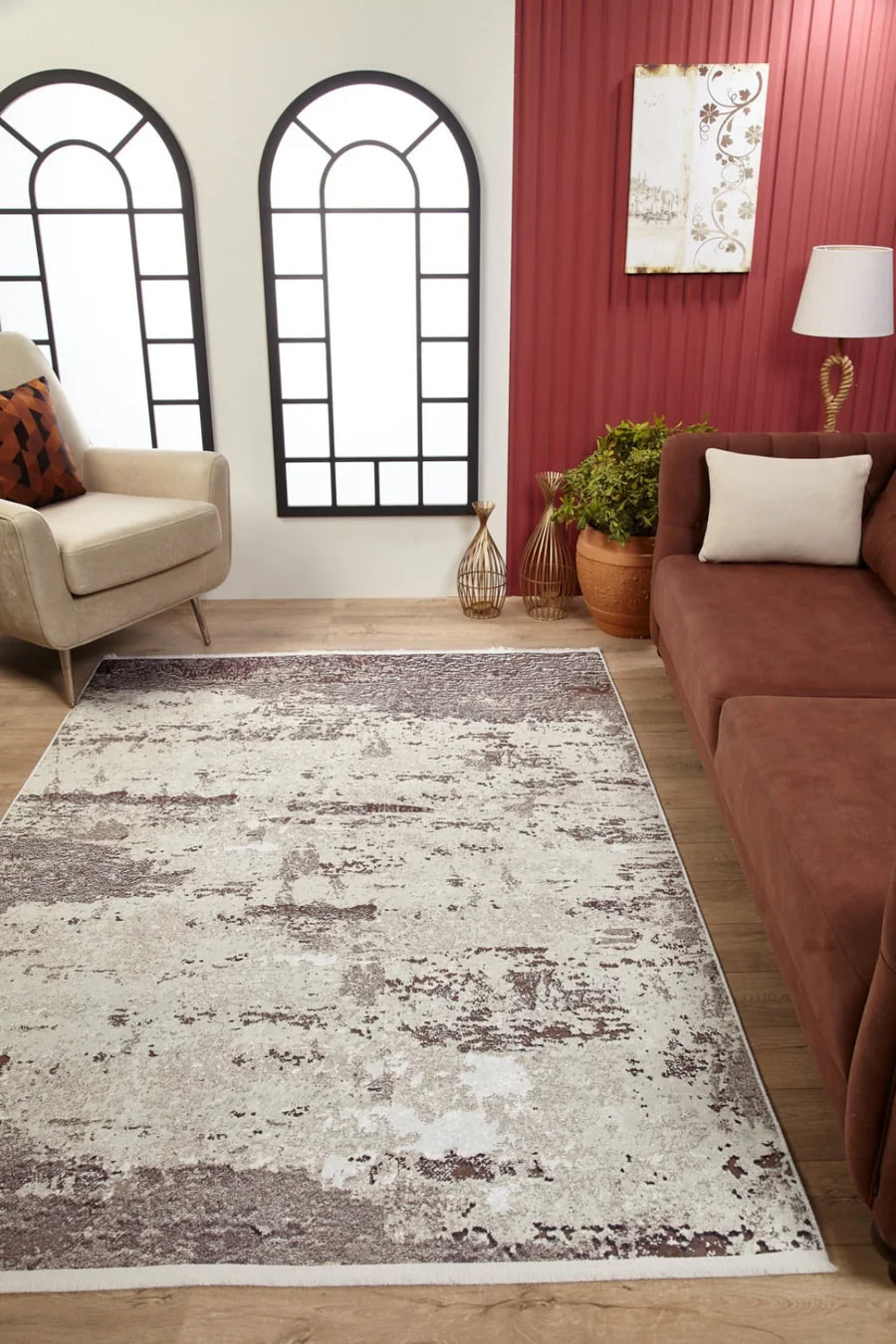 Beyaz Krem Dokulu Modern Halı - Yıkanabilir - Kaymaz Taban - Pati Dostu
