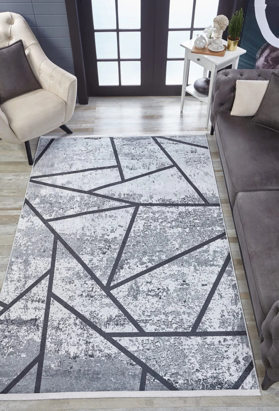Gri Minimalist Modern Halı - Yıkanabilir - Kaymaz Taban - Pati Dostu