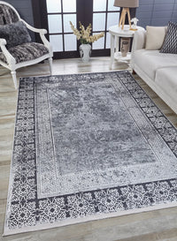 Grey White Distressed Look Geometric Patterned Bordered Digitally Printed Rug