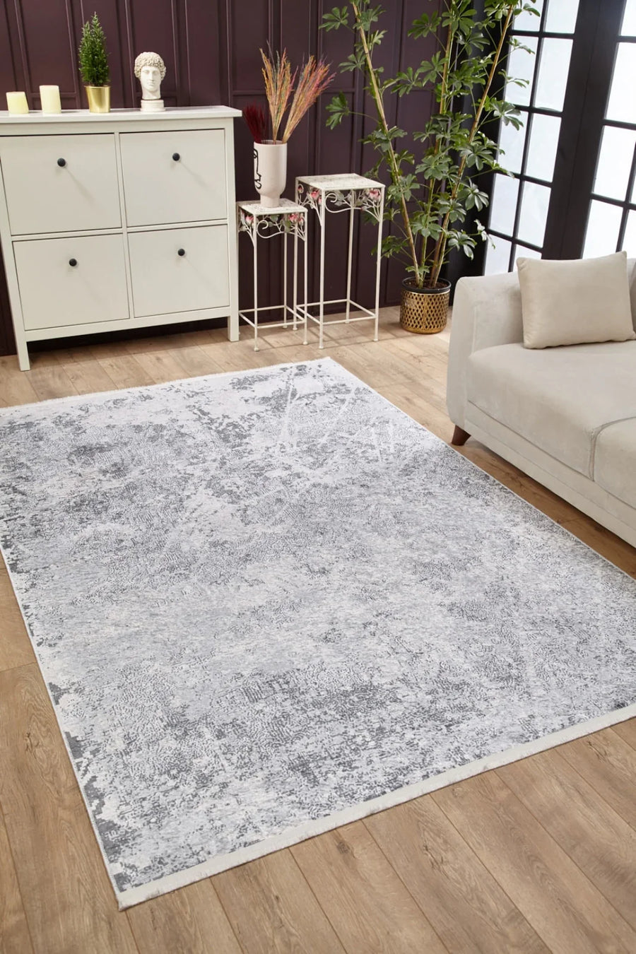 Beyaz Gri Dokulu Modern Halı - Yıkanabilir - Kaymaz Taban - Pati Dostu