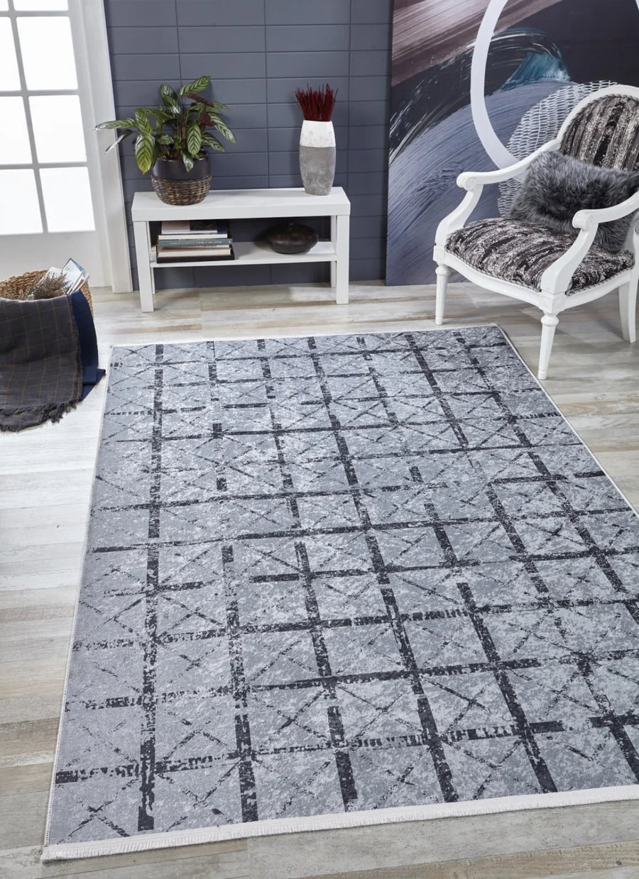 Gri Geometrik Izgara Desenli Halı - Yıkanabilir - Kaymaz Taban - Pati Dostu