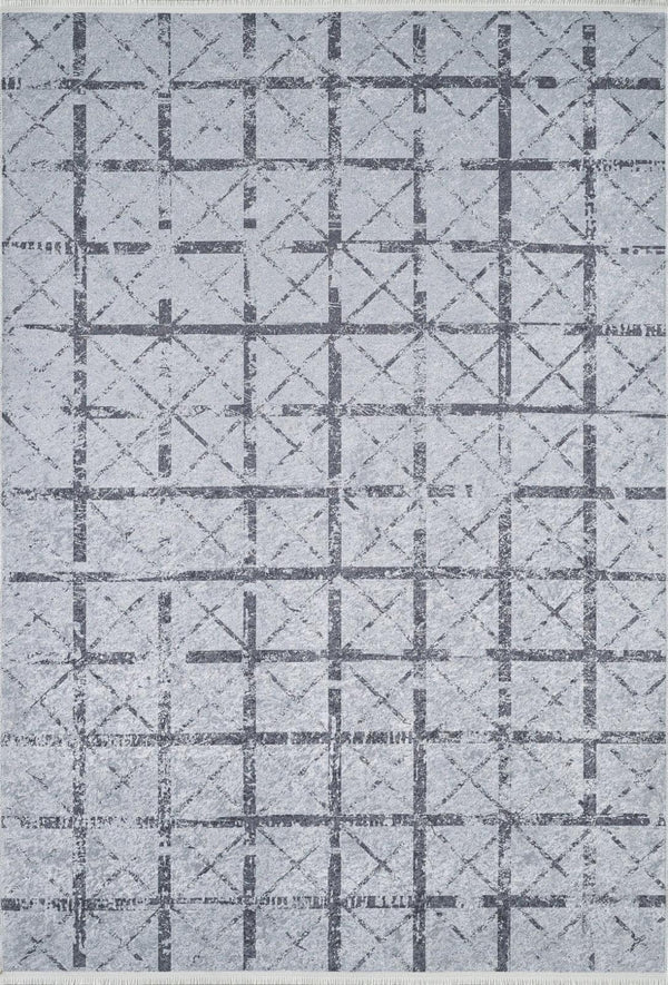 Gri Geometrik Izgara Desenli Halı - Yıkanabilir - Kaymaz Taban - Pati Dostu