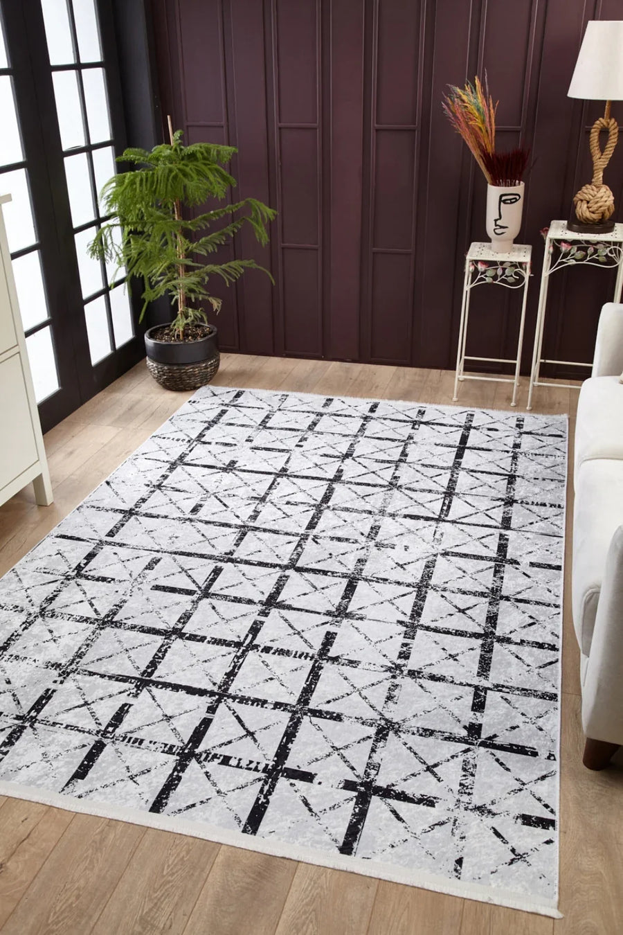 Beyaz Gri Geometrik Izgara Desenli Halı - Yıkanabilir - Kaymaz Taban - Pati Dostu