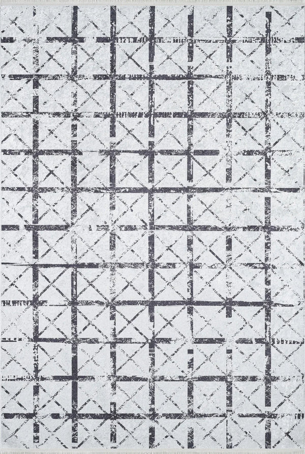 Beyaz Gri Geometrik Izgara Desenli Halı - Yıkanabilir - Kaymaz Taban - Pati Dostu