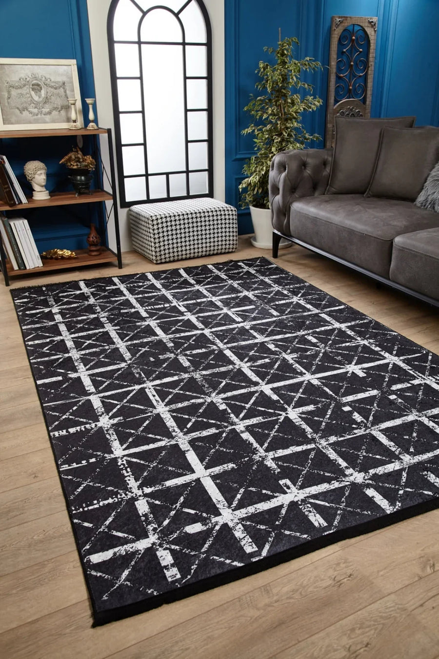 Antrasit Beyaz Geometrik Izgara Desenli Halı - Yıkanabilir - Kaymaz Taban - Pati Dostu