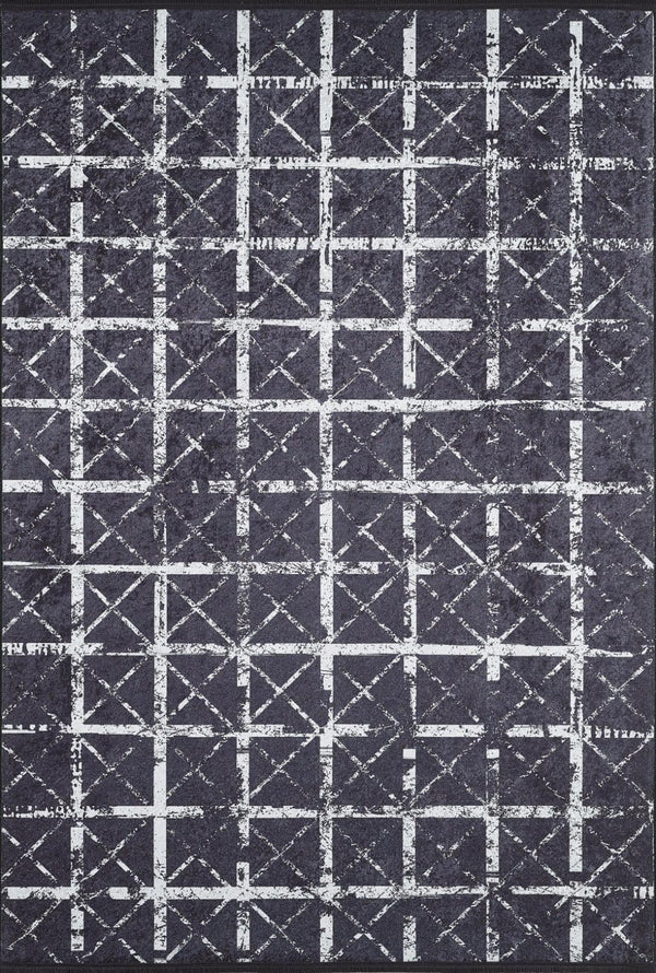 Antrasit Beyaz Geometrik Izgara Desenli Halı - Yıkanabilir - Kaymaz Taban - Pati Dostu