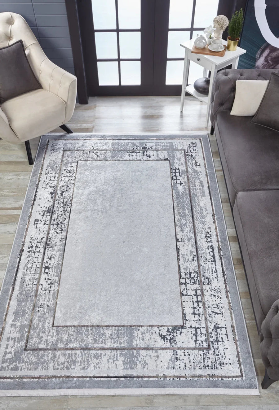 Gri Bordürlü Minimalist Halı - Yıkanabilir - Kaymaz Taban - Pati Dostu