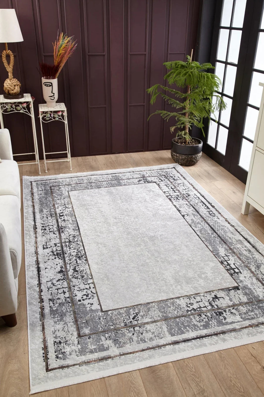 Gri Bordürlü Minimalist Halı - Yıkanabilir - Kaymaz Taban - Pati Dostu