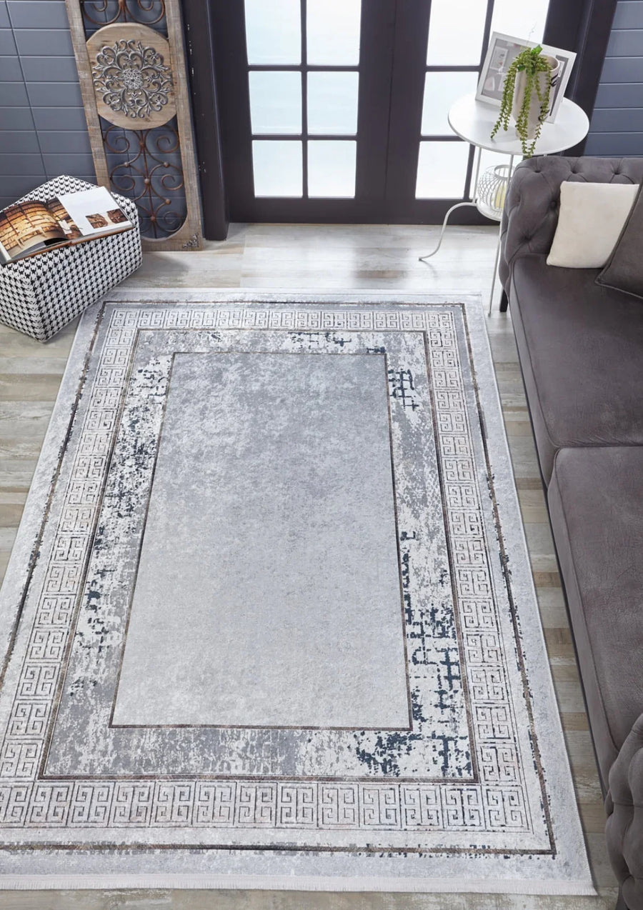 Antrasit Gri Bordürlü Modern Halı - Yıkanabilir - Kaymaz Taban - Pati Dostu