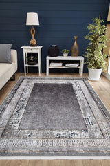 Gray Black Distressed Living Room Rug Greek Key - Polyester