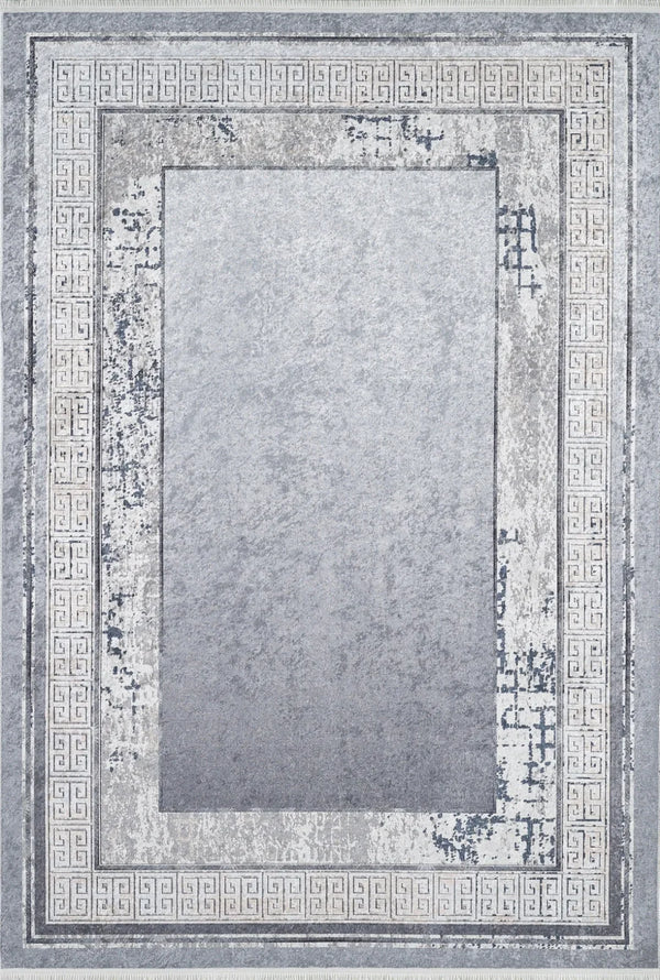 Beyaz Gri Bordürlü Modern Halı - Yıkanabilir - Kaymaz Taban - Pati Dostu