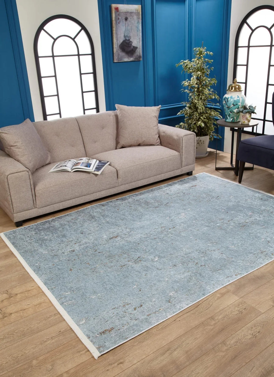 Mavi Dokulu Minimalist Halı - Yıkanabilir - Kaymaz Taban - Pati Dostu