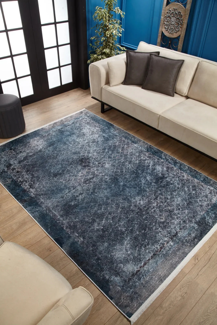 Gri Mavi Eskitme Modern Halı - Yıkanabilir - Kaymaz Taban - Pati Dostu