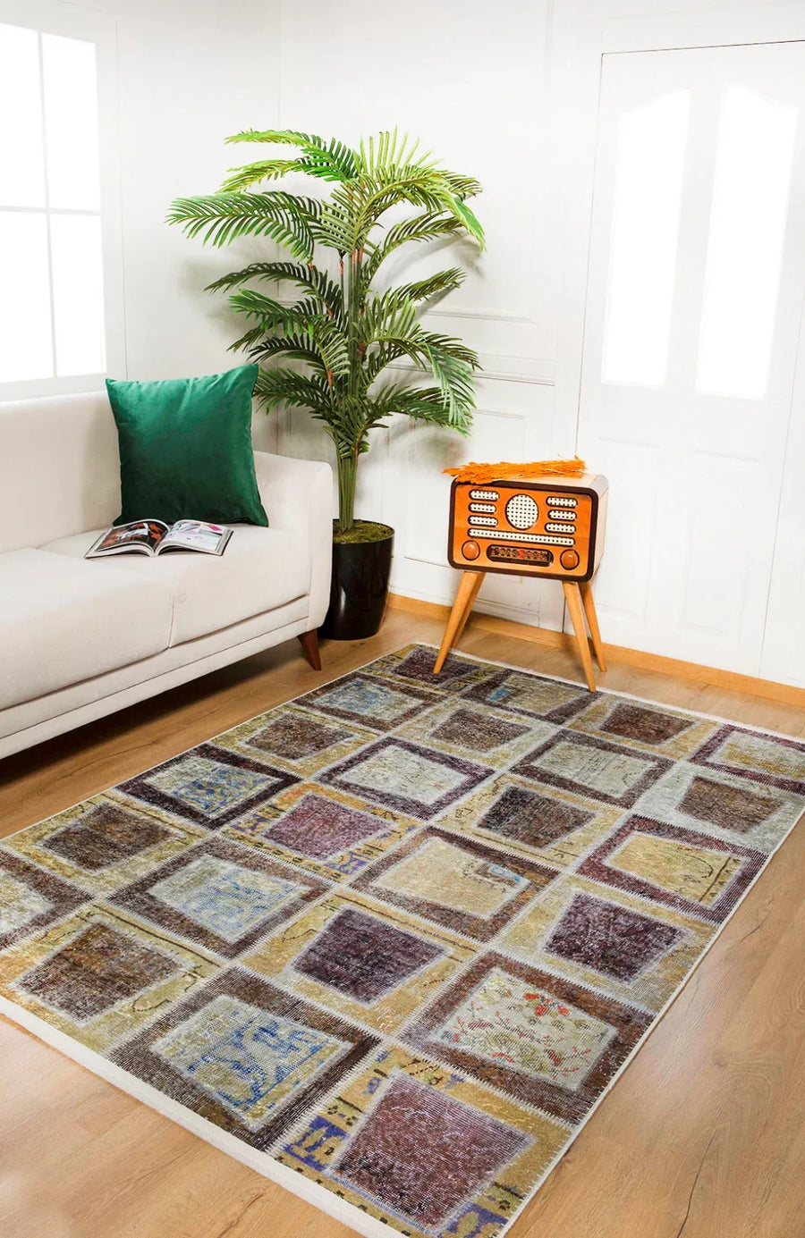 Bej Geometrik Modern Halı - Yıkanabilir - Kaymaz Taban - Pati Dostu