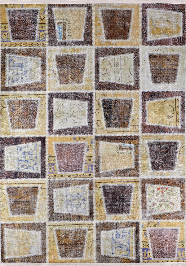 Bej Geometrik Modern Halı - Yıkanabilir - Kaymaz Taban - Pati Dostu