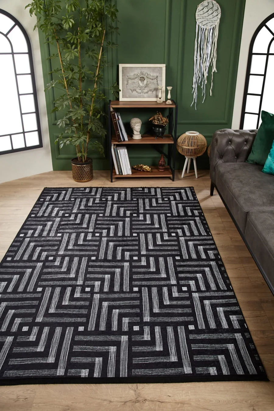 Antrasit Gri Desenli Geometrik Halı - Yıkanabilir - Kaymaz Taban - Pati Dostu