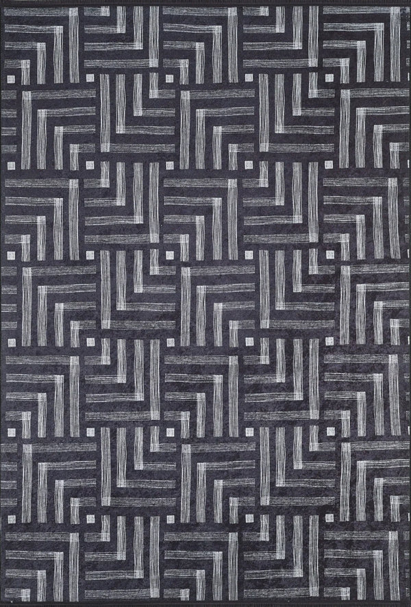 Antrasit Gri Desenli Geometrik Halı - Yıkanabilir - Kaymaz Taban - Pati Dostu