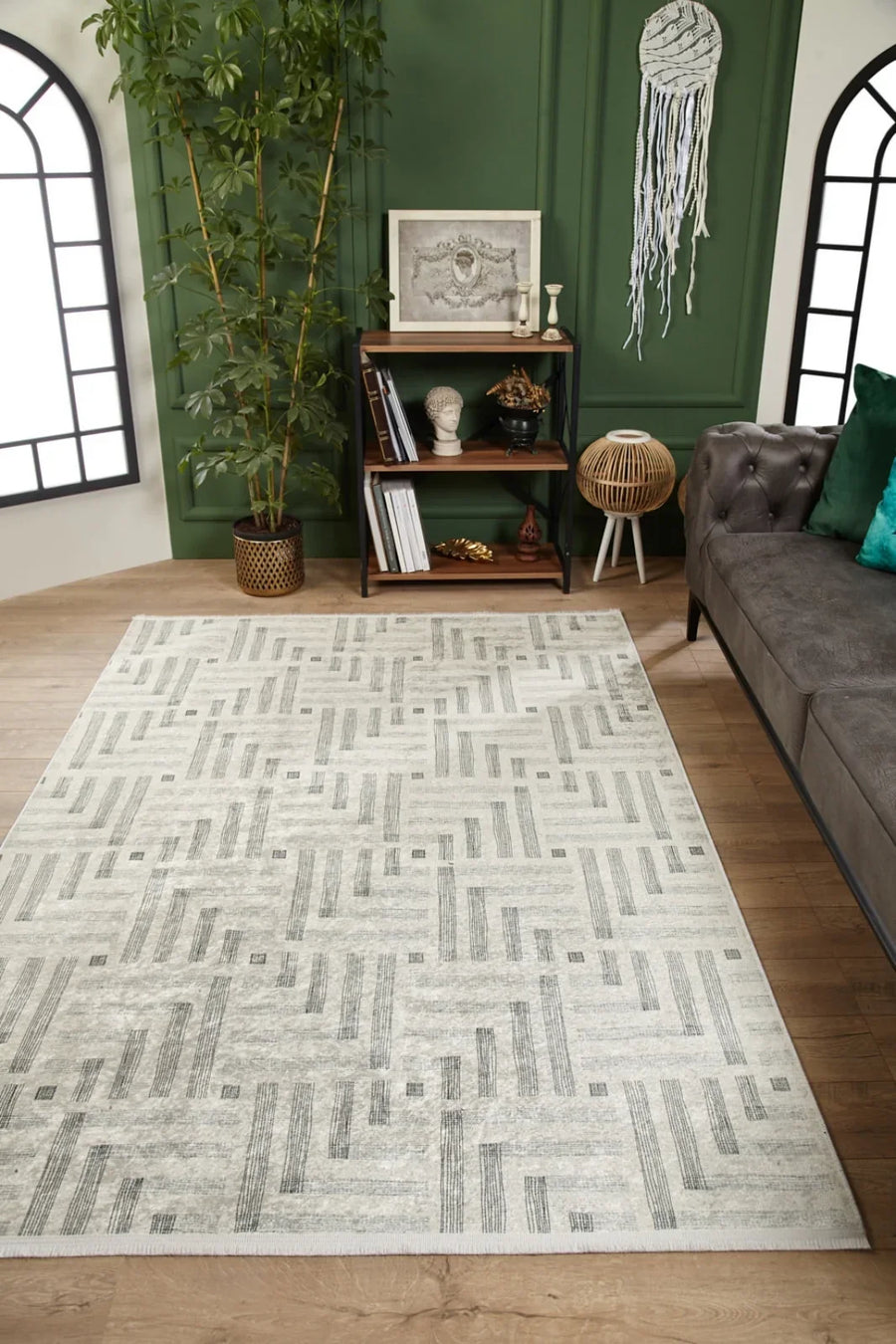 Beyaz Gri Geometrik Modern Halı - Yıkanabilir - Kaymaz Taban - Pati Dostu