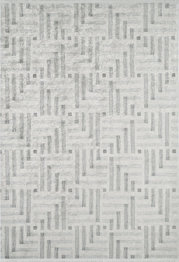 Beyaz Gri Geometrik Modern Halı - Yıkanabilir - Kaymaz Taban - Pati Dostu