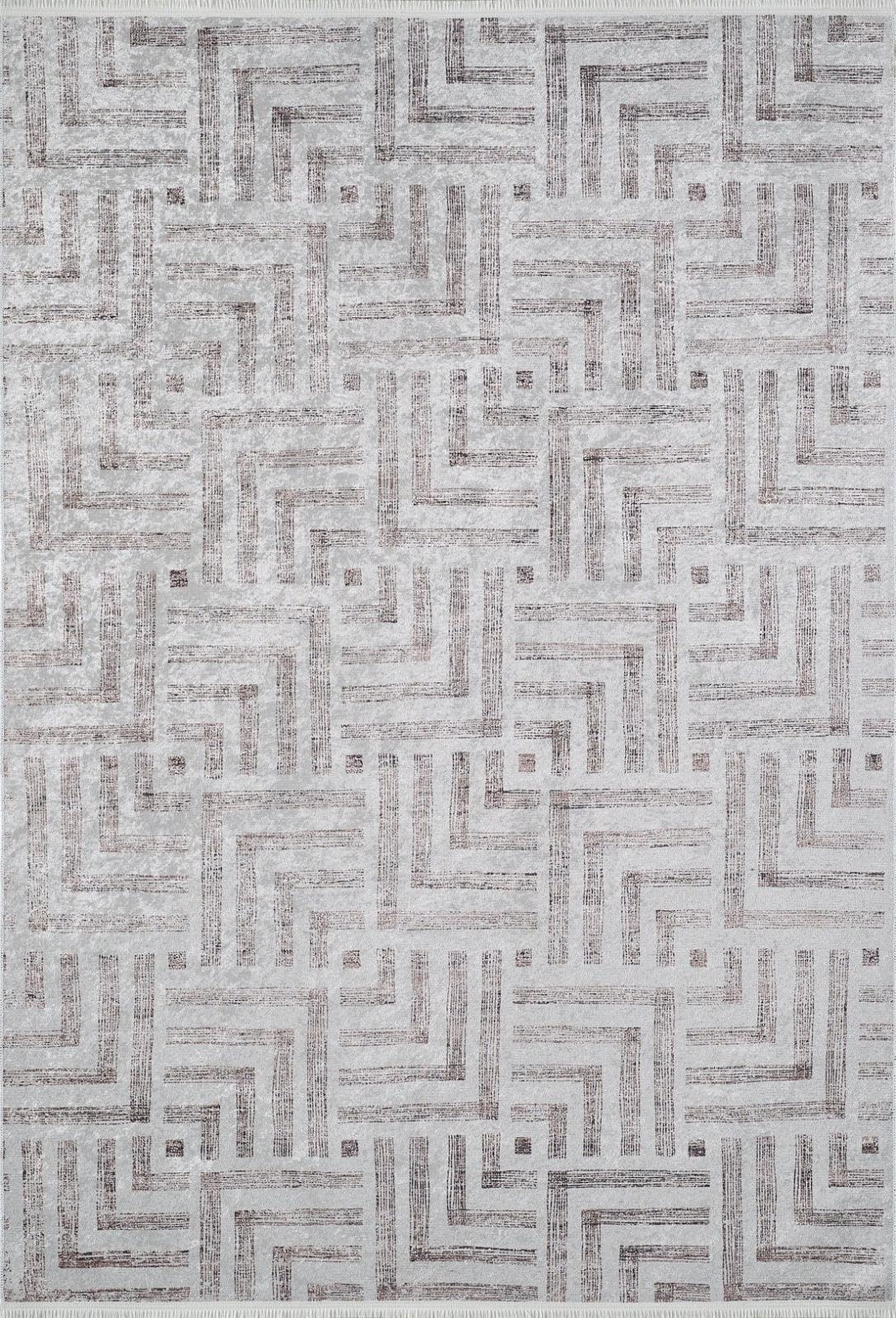 Gri Geometrik Labirent Desenli Halı - Yıkanabilir - Kaymaz Taban - Pati Dostu