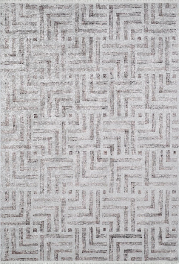Gri Geometrik Labirent Desenli Halı - Yıkanabilir - Kaymaz Taban - Pati Dostu