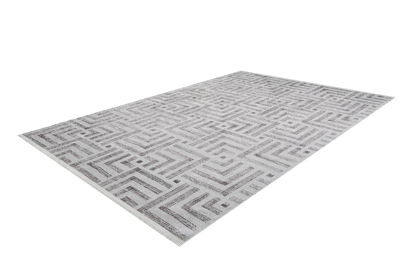 Gri Geometrik Labirent Desenli Halı - Yıkanabilir - Kaymaz Taban - Pati Dostu