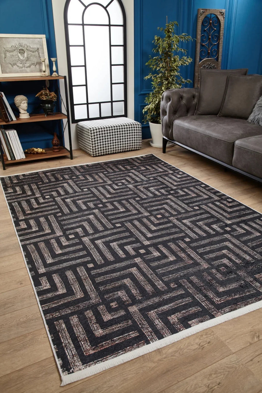 Antrasit Gri Geometrik Labirent Desenli Halı - Yıkanabilir - Kaymaz Taban - Pati Dostu